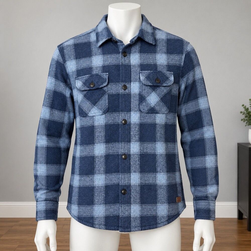 Men’s Blue Plaid Sherpa Lined Shacket Wool Blend Flannel Overshirt Jacket L